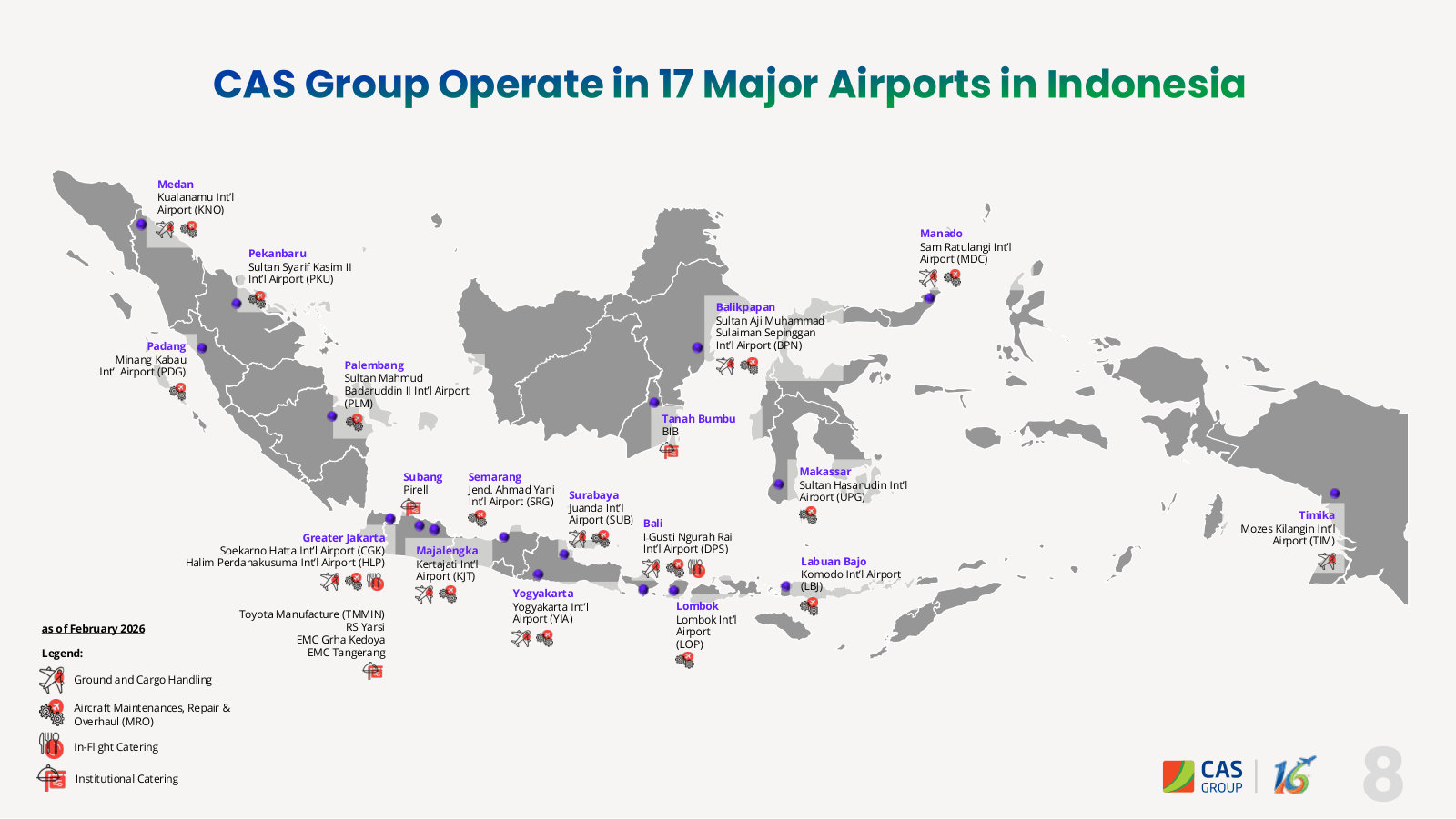 The footprint — 17 Indonesian airports, with which of the four service lines operates at each.